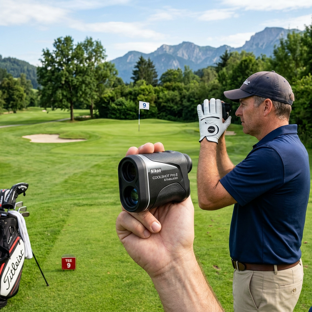 Golf range finder device on golf course
