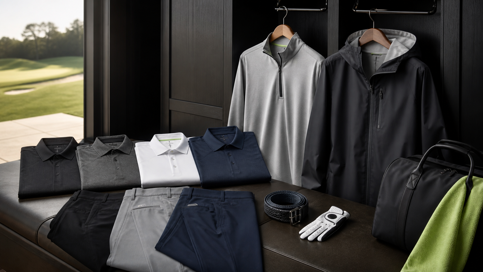 Premium golf polos, pants, quarter-zip and rain jacket arranged in a refined clubhouse