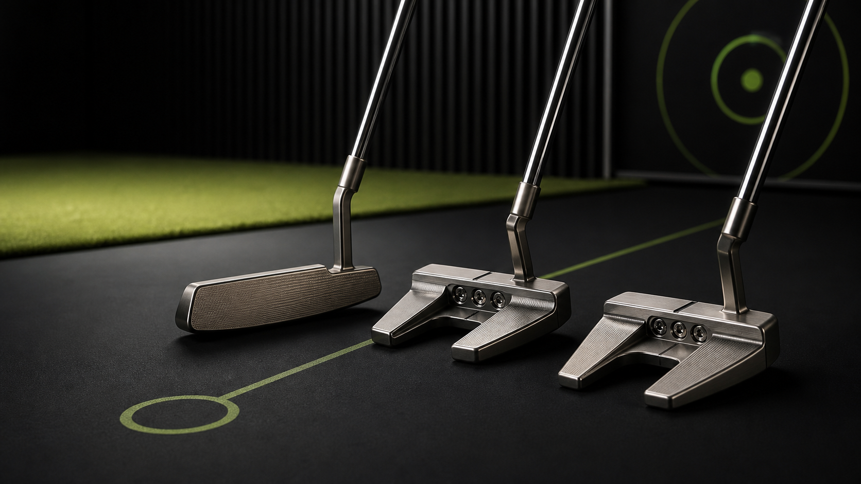 Three premium milled putters displayed in a black and lime-green putting studio